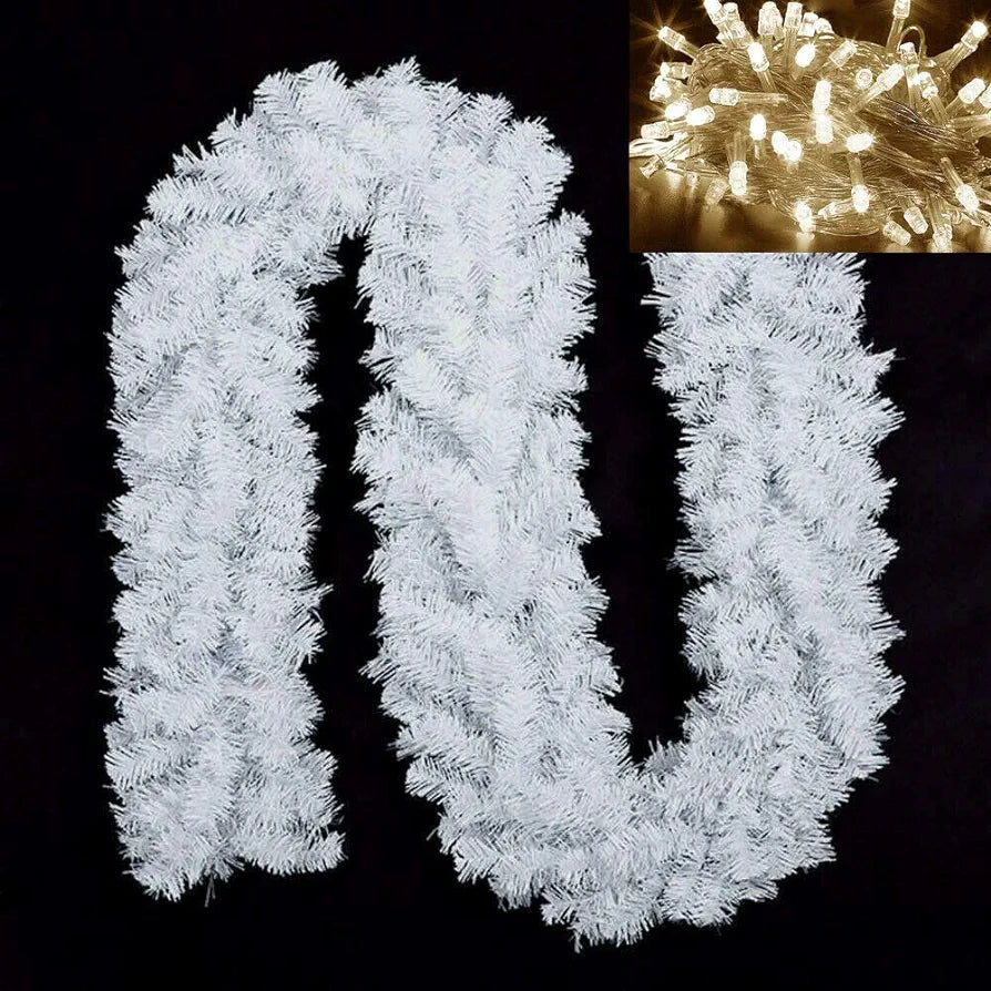 9ft Christmas Garland with Lights, 2.7m Pre-lit White Artificial Christmas Garlands 30 Led Reusable Wreath for Door Wall Stairs Fireplaces Xmas Home Garden DIY Decor