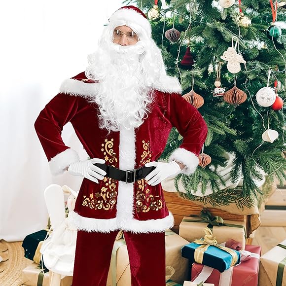 9 Pieces Mens Christmas Santa Claus Costume Outfits Suit Adults Cosplay Xmas Party Novelty Tops Pants Fancy Clothes Set