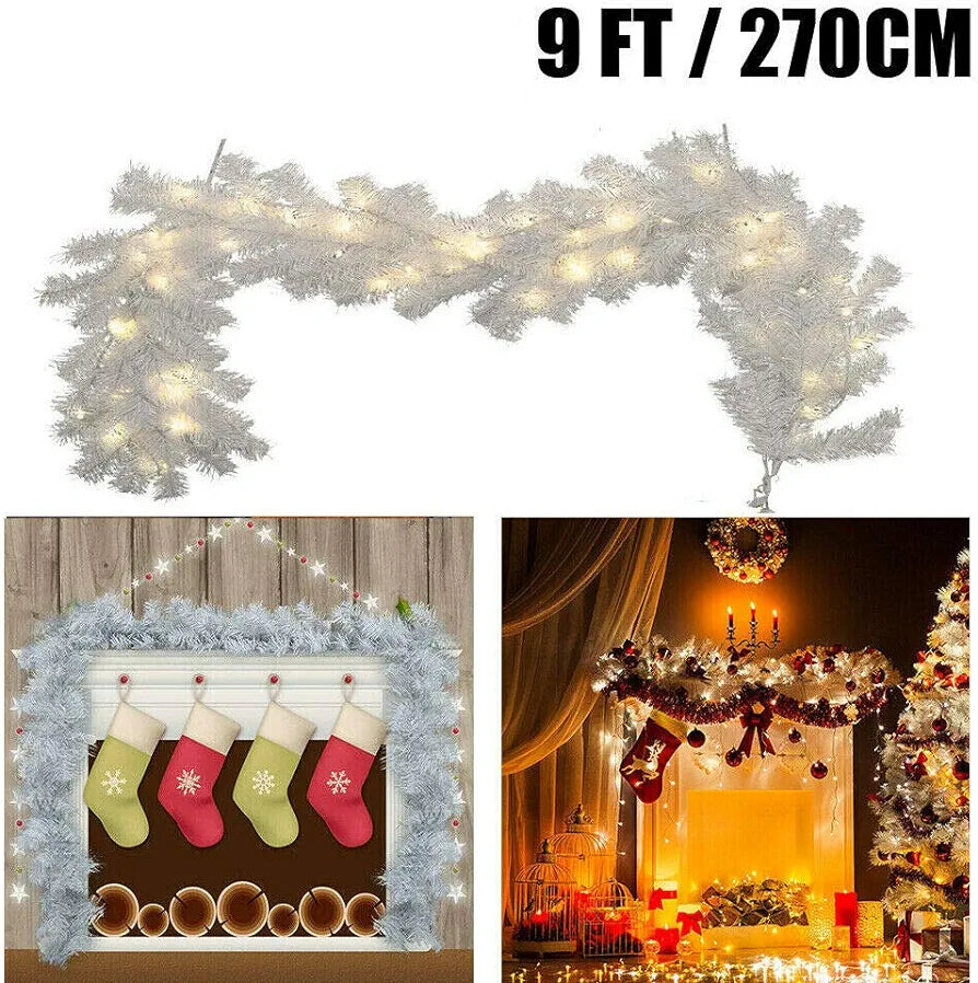 9ft Christmas Garland with Lights, 2.7m Pre-lit White Artificial Christmas Garlands 30 Led Reusable Wreath for Door Wall Stairs Fireplaces Xmas Home Garden DIY Decor