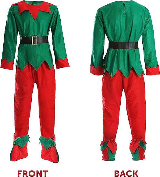 Adults Unisex Cheeky Elf Christmas Fancy Dress- Green Top + Red Trousers + Belt + Elf Hat With Ears + Deluxe Pom Pom Elf Shoes