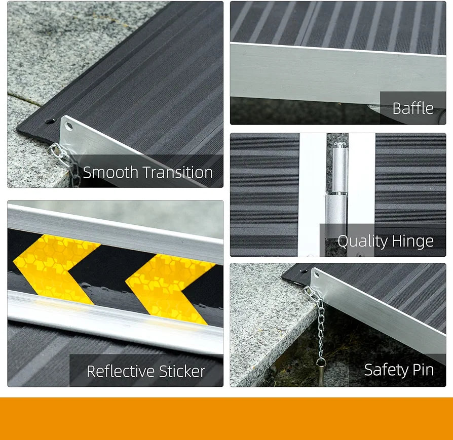 Wheelchair Ramp, 272KG Capacity, Folding Aluminium Threshold Ramp with Non-Skid Surface, Transition Plates Above and Below for Home, Steps, Stairs, Curbs, Doorways