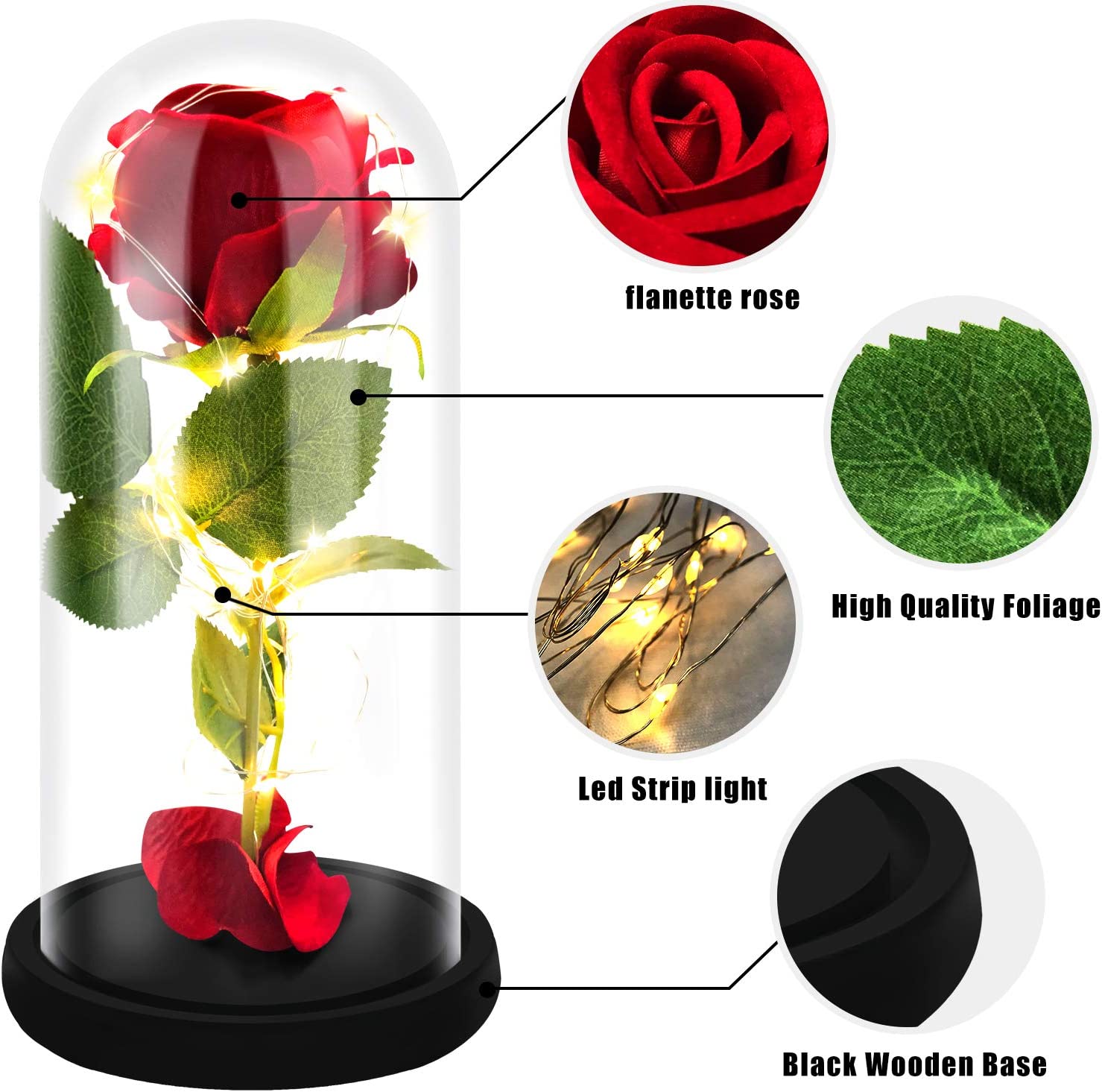 ed Rose Beauty and the Beast Silk Artificial Flower LED Light Infinity Forever Rose Glass Kit Gift for Anniversary Birthday Mothers Day Decoration