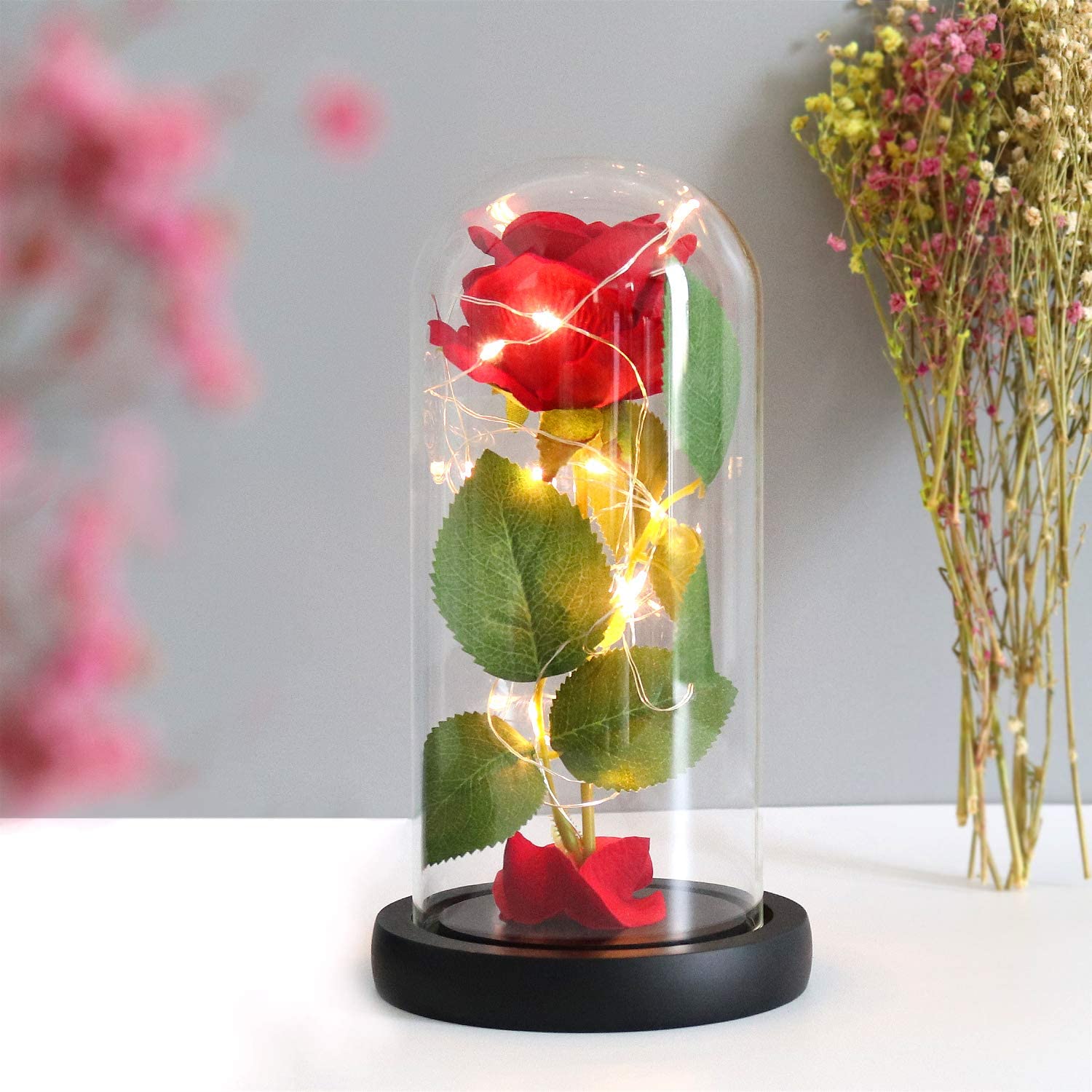 ed Rose Beauty and the Beast Silk Artificial Flower LED Light Infinity Forever Rose Glass Kit Gift for Anniversary Birthday Mothers Day Decoration