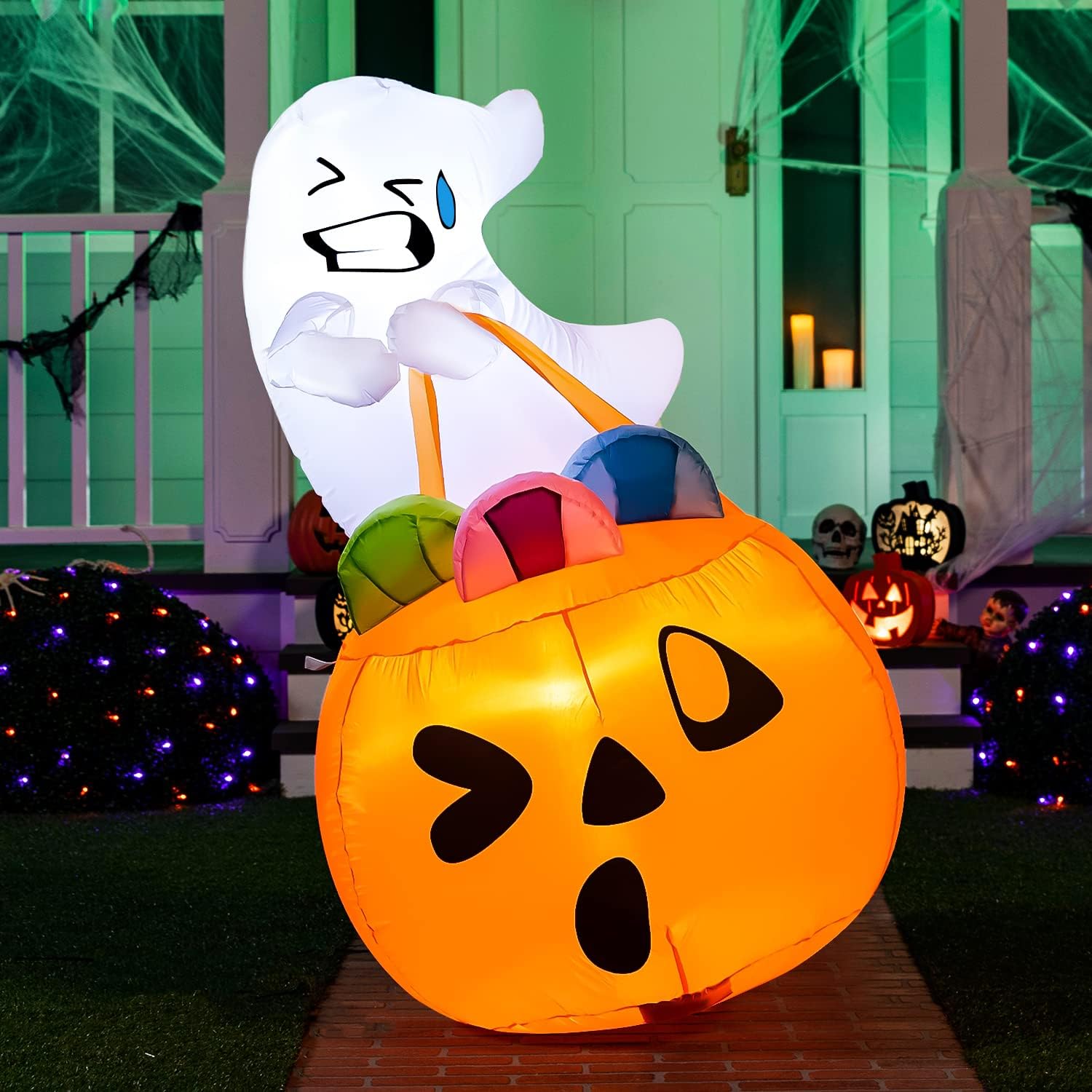 5 FT Tall Halloween Inflatable Cute Ghost Inflatable Lift Pumpkin Candy Bag with Build-in LEDs Blow Up Inflatables for Halloween Party Indoor, Outdoor, Yard, Garden, Lawn Decorations