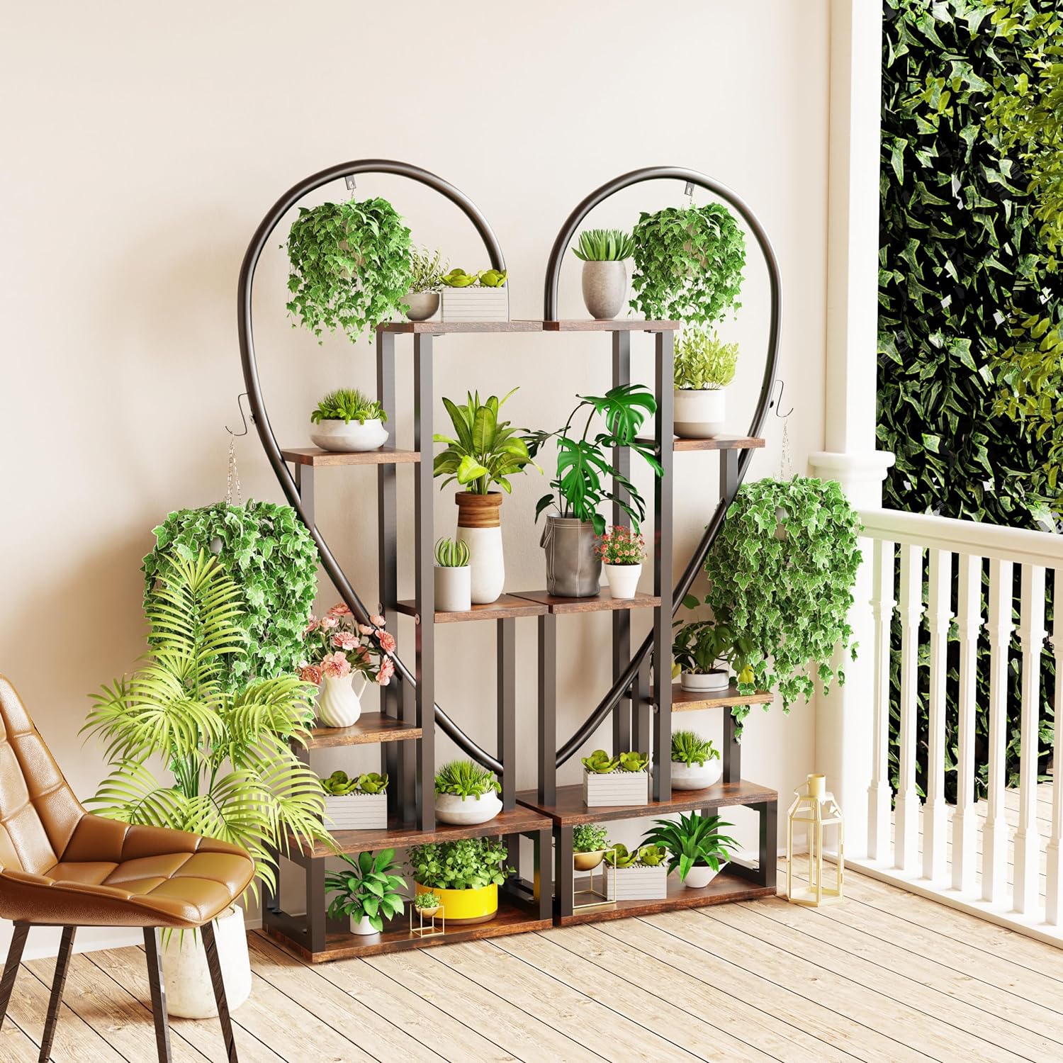 6-Tier Indoor Plant Stand: Tall Wood and Metal Plant Shelf Storage Large Flower Pots Display Ladder Rack Multi-Purpose Storage Unite Shelf for Garden Balcony Living Room Heart Shaped