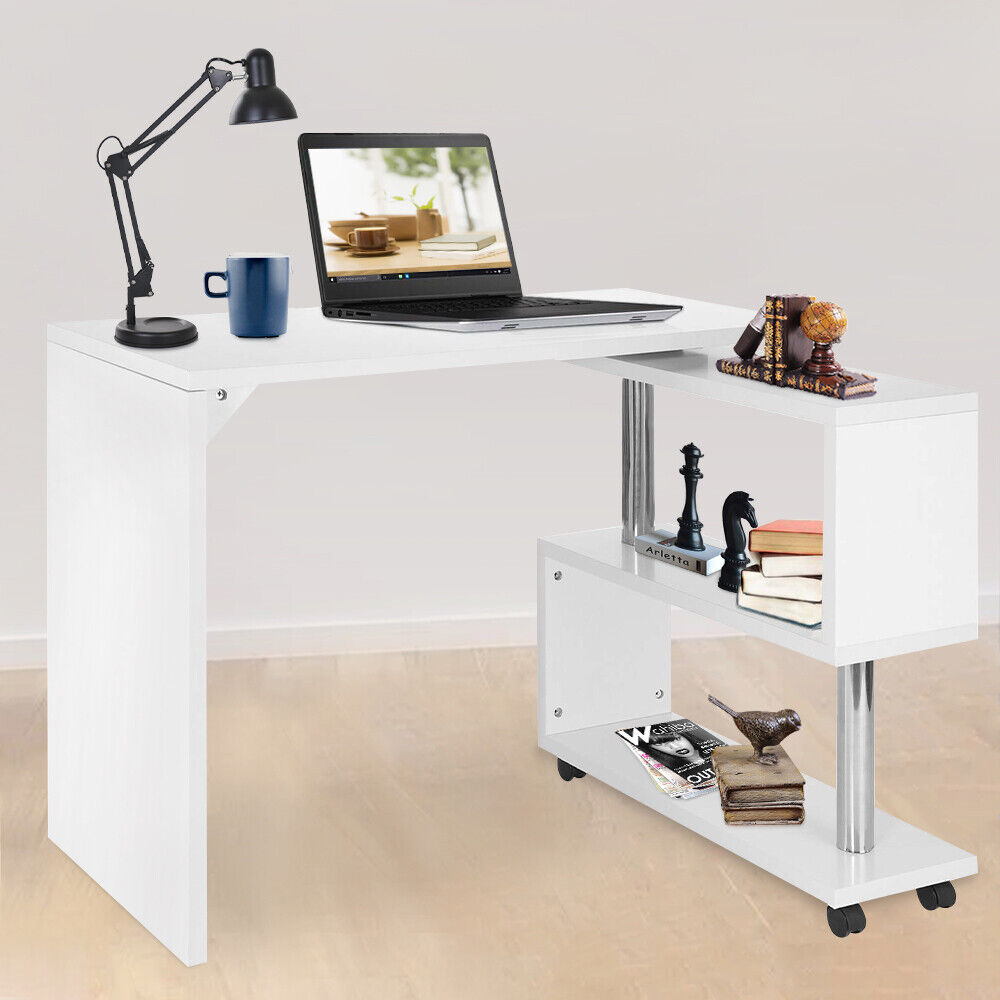 360° Rotating Corner Desk Storage Shelf Combo Workstation L-Shaped Table Office