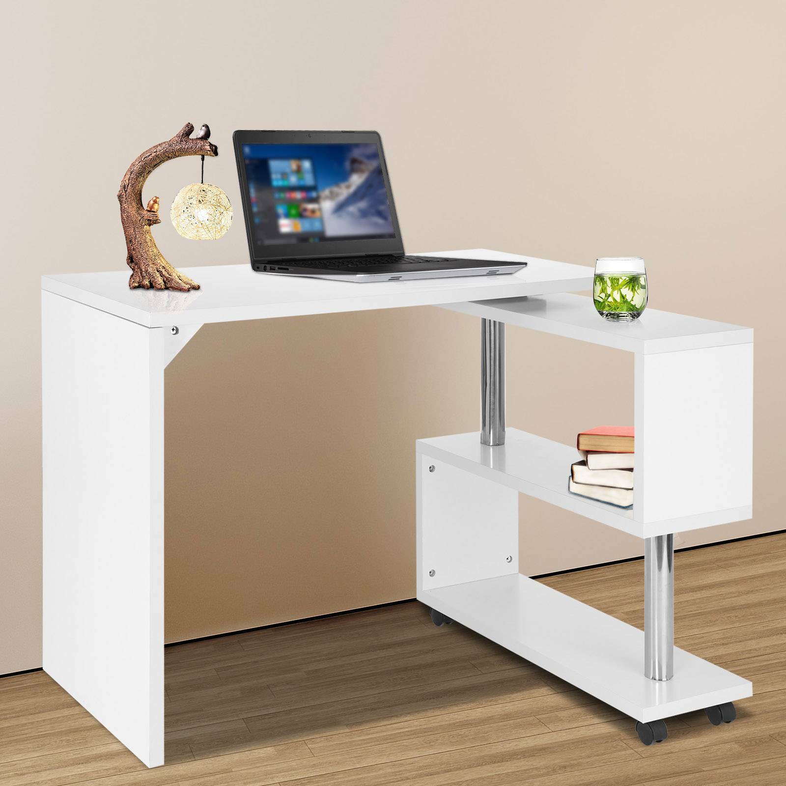 360° Rotating Corner Desk Storage Shelf Combo Workstation L-Shaped Table Office