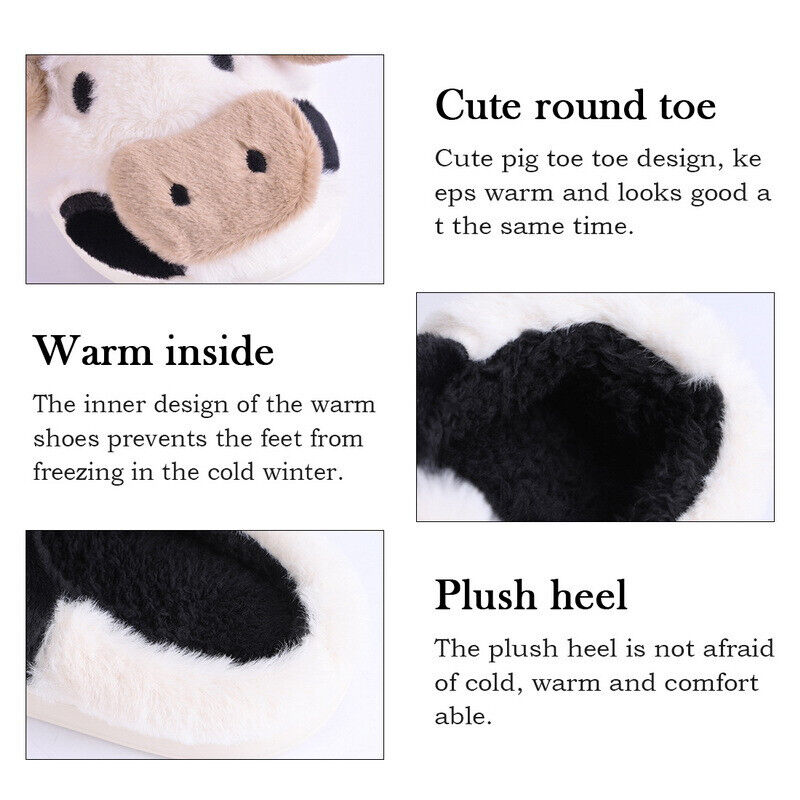 Women Men Cute Cow Slippers Fluffy Warm Cozy Shoes Anti-slip Home Indoor Shoes