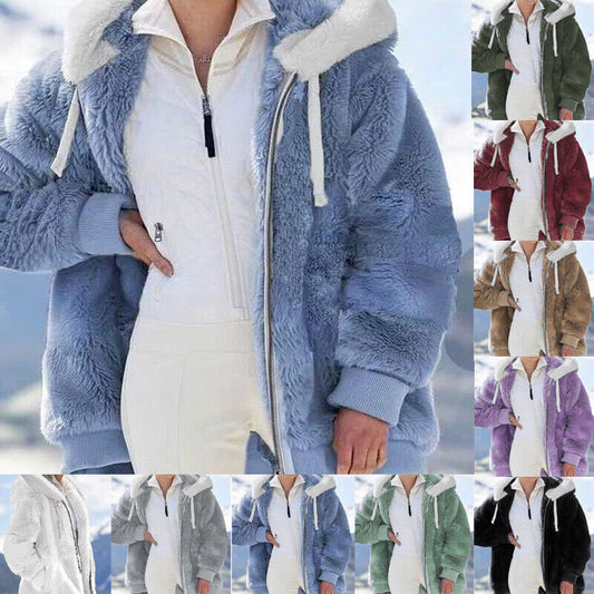 Women Warm Teddy Bear Fluffy Coat Ladies Hooded Fleece Jacket Outwear Plus Size