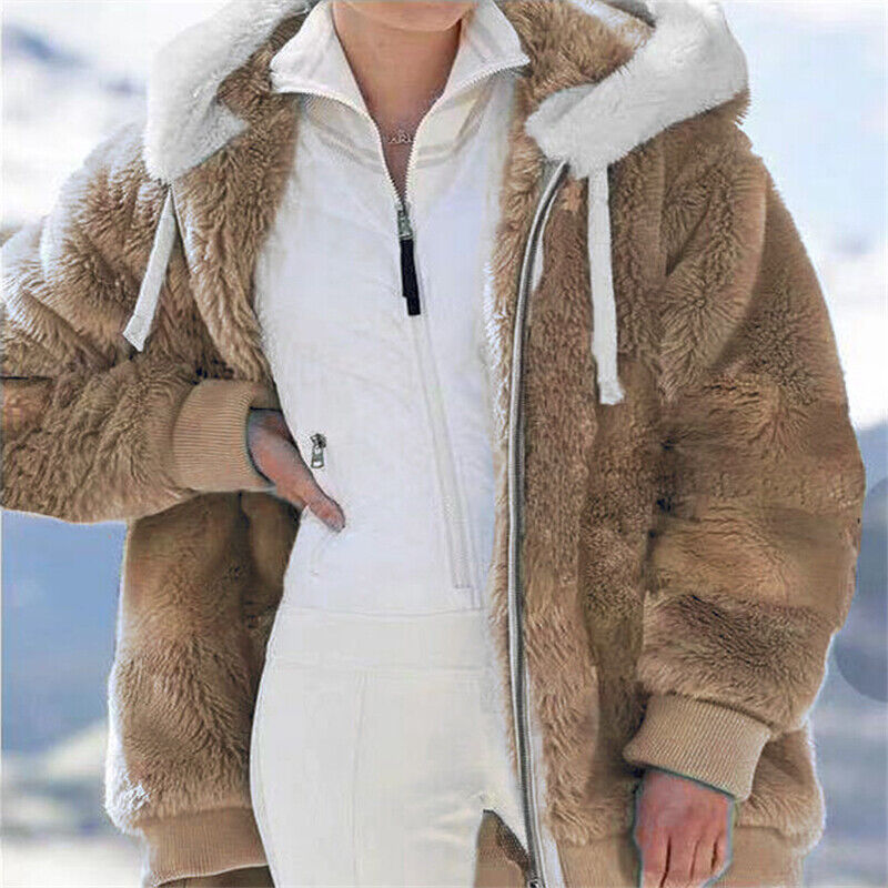 Women Warm Teddy Bear Fluffy Coat Ladies Hooded Fleece Jacket Outwear Plus Size