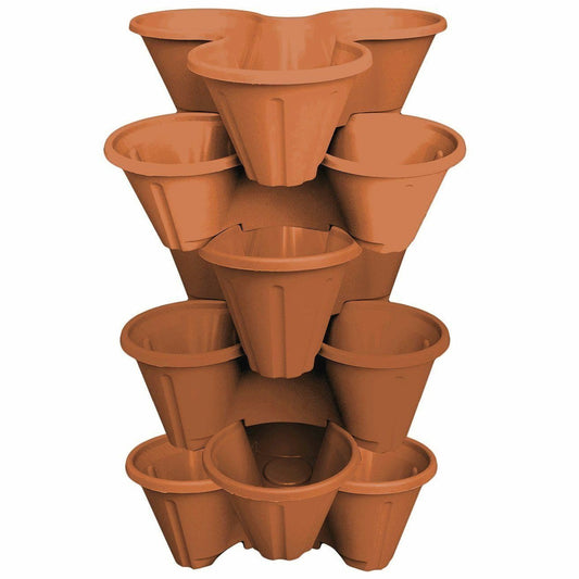 6 x STRAWBERRY PLANTER -STACKED IN TRIOS - GARDEN PLANTS PLASTIC POT -TERRACOTTA