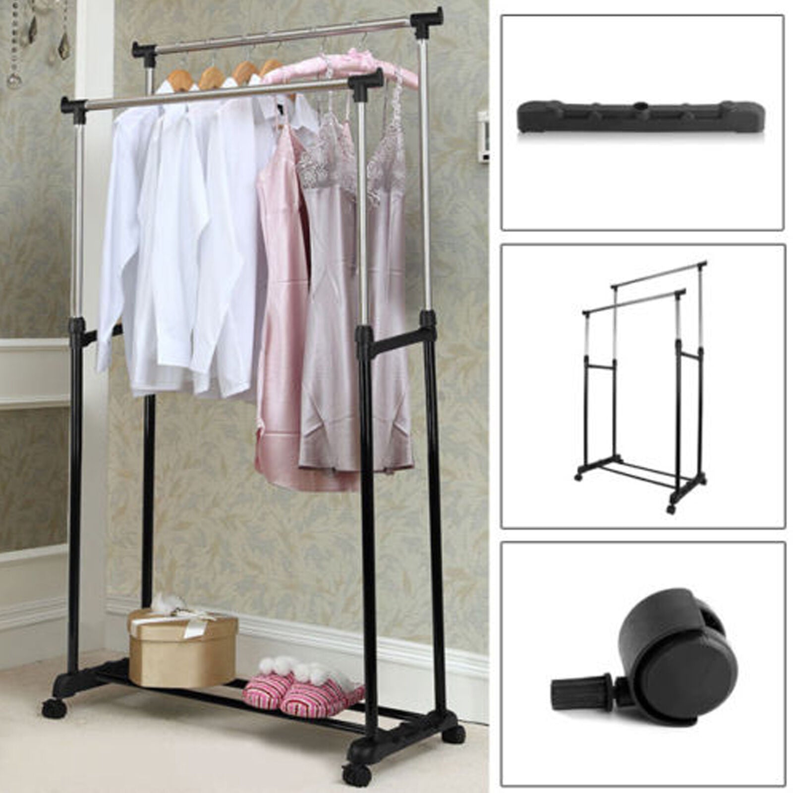 DOUBLE CLOTHES COAT RAIL GARMENT DRESS HANGING DISPLAY STAND SHOE RACK ON WHEELS