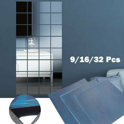 32X Glass Mirror Tiles Wall Sticker Self Adhesive Square Stick On Art Home Decor