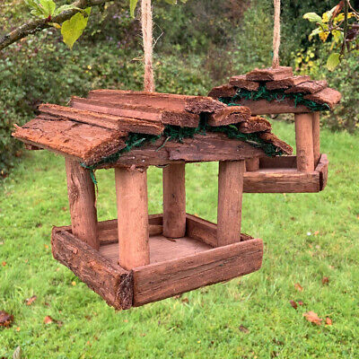 Set of 2 Hanging Wooden Bird Table Feeders Rustic Garden Wild Seed Feeder