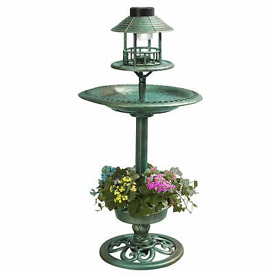 Bird Bath & Feeder With Solar Power Light Garden Ornamental Birds Table Station