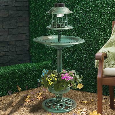 Bird Bath & Feeder With Solar Power Light Garden Ornamental Birds Table Station