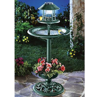 Bird Bath & Feeder With Solar Power Light Garden Ornamental Birds Table Station