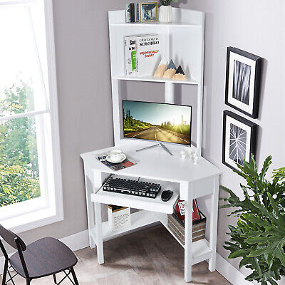 Corner Computer Desk w/ Hutch Space-saving Study Workstation Top Shelf Storage