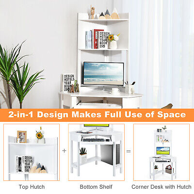 Corner Computer Desk w/ Hutch Space-saving Study Workstation Top Shelf Storage