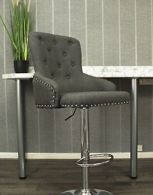 Dark Grey Linen Swivel Bar Stool Chair Studded Back Kitchen Breakfast Chair