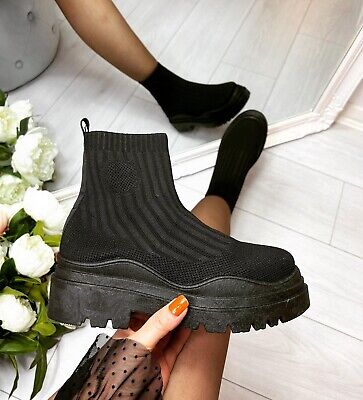 Sock Ankle Boots Ladies Winter Mid Calf New Comfy Casual Chunky Heel Shoes Size