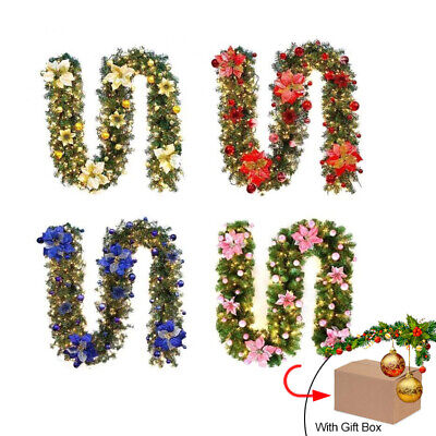 9FT Pre Lit Christmas Garland LED Lights Wreath Xmas Decorations Christmas Balls