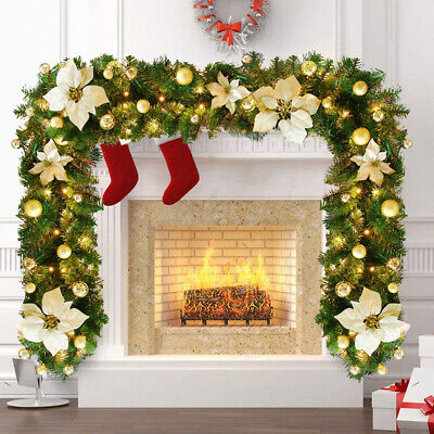 9FT Pre Lit Christmas Garland LED Lights Wreath Xmas Decorations Christmas Balls