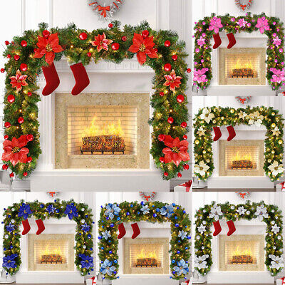 9FT Pre Lit Christmas Garland LED Lights Wreath Xmas Decorations Christmas Balls