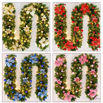 9FT Pre Lit Christmas Garland LED Lights Wreath Xmas Decorations Christmas Balls