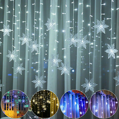 Christmas LED Curtain Snowflake Lights Window String Fairy Waterproof Decor Xmas