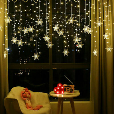 Christmas LED Curtain Snowflake Lights Window String Fairy Waterproof Decor Xmas