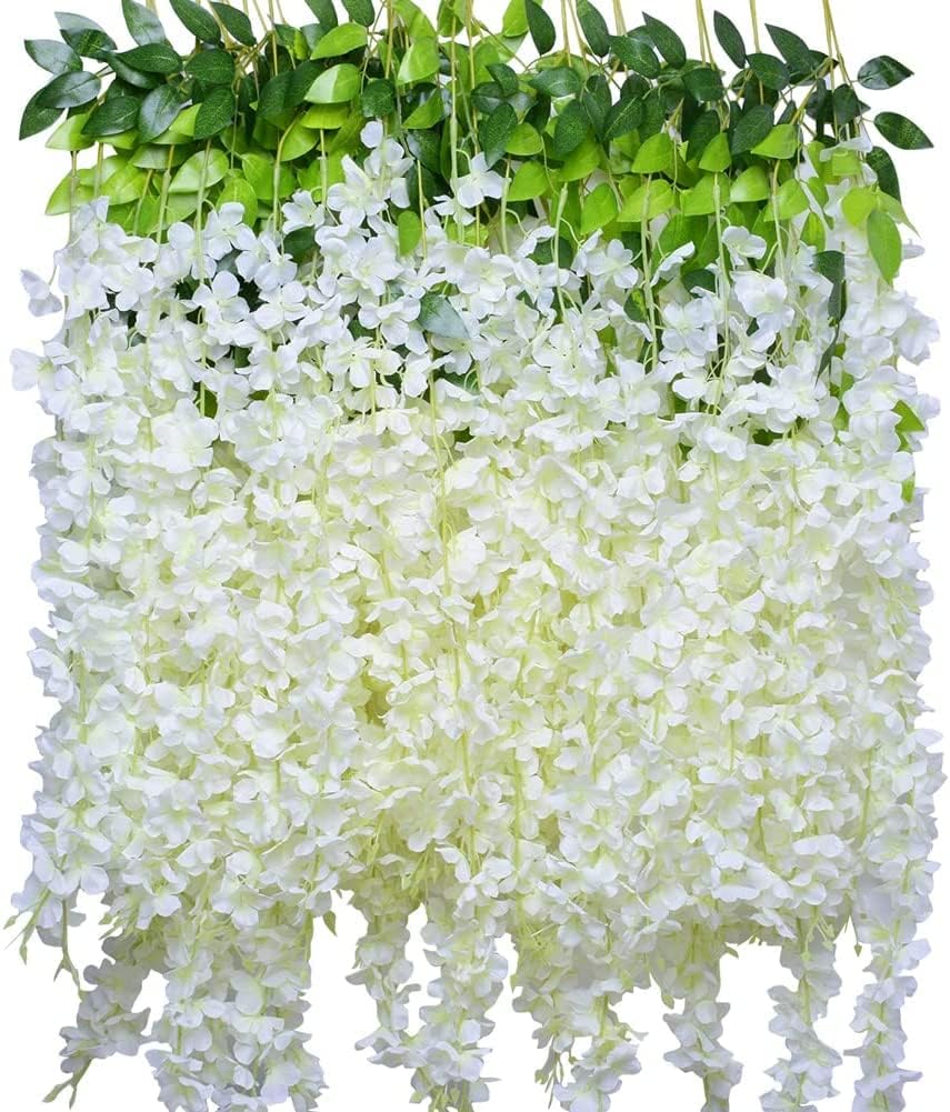 14 Stems Artificial Wisteria Garland Fake Wisteria Vine Hanging Flower Bush String for Wedding Garden Party Decoration (14 Stems White)