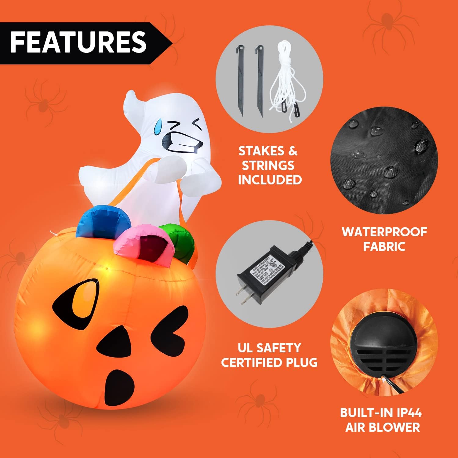 5 FT Tall Halloween Inflatable Cute Ghost Inflatable Lift Pumpkin Candy Bag with Build-in LEDs Blow Up Inflatables for Halloween Party Indoor, Outdoor, Yard, Garden, Lawn Decorations