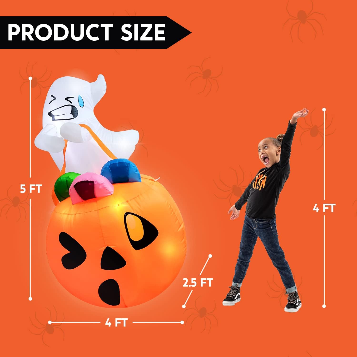 5 FT Tall Halloween Inflatable Cute Ghost Inflatable Lift Pumpkin Candy Bag with Build-in LEDs Blow Up Inflatables for Halloween Party Indoor, Outdoor, Yard, Garden, Lawn Decorations