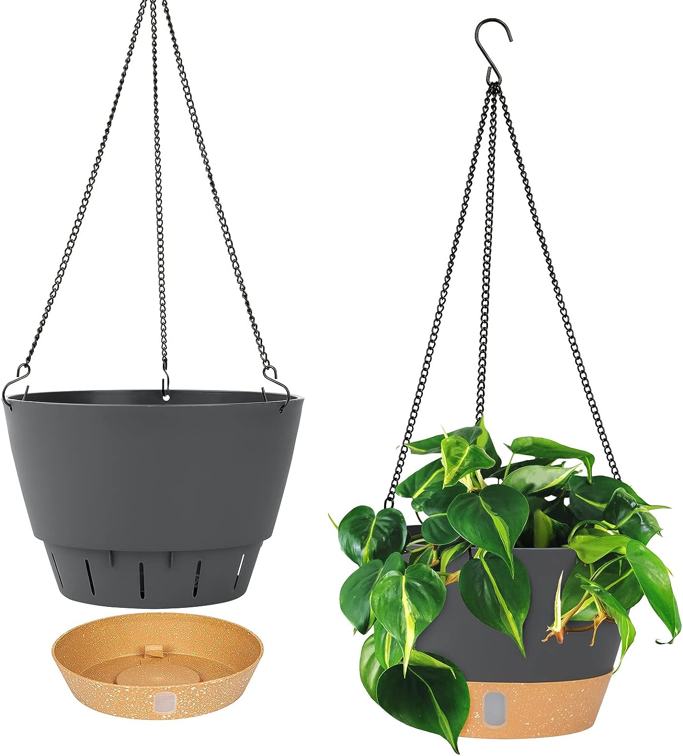 2 Pack Hanging Planters Set, 25.4cm Indoor Outdoor Hanging Plant Pot Basket,Hanging Flower Pot with Drainage Hole with 3 Hooks for Garden Home(Grey)