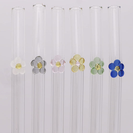 6 Pack Reusable Coloured Flower Glass Straws