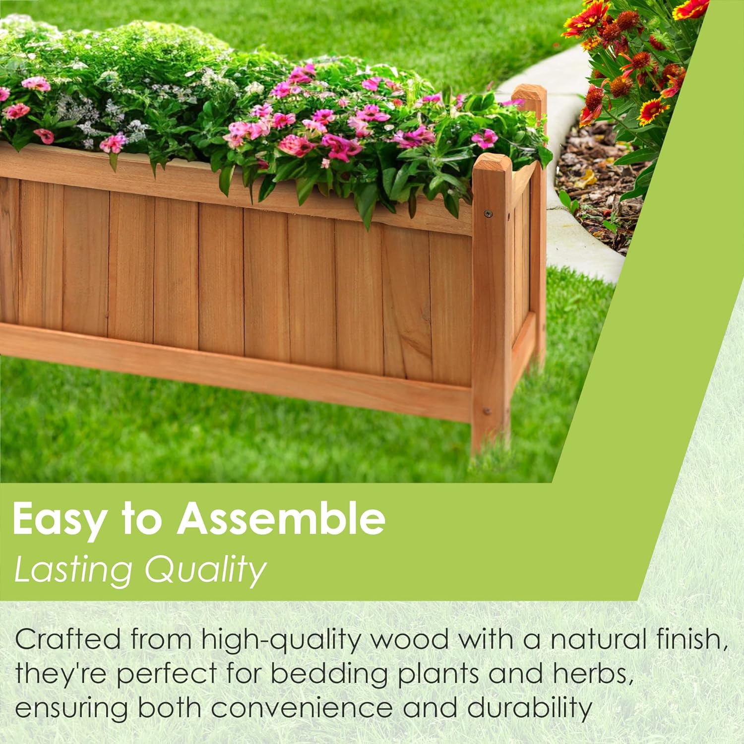 2 x Wooden Garden Planters Flower Plant Pot Window Box Planting Raise Bed Basket (2 x Large Rectangular Planters)