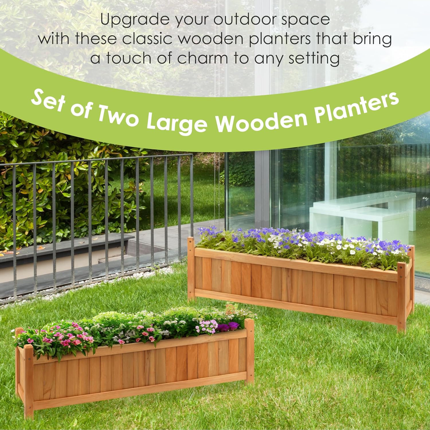 2 x Wooden Garden Planters Flower Plant Pot Window Box Planting Raise Bed Basket (2 x Large Rectangular Planters)