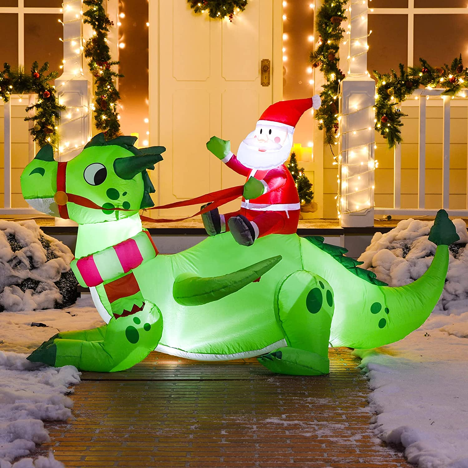 6 FT Long Christmas Dragon Inflatable Long Santa Riding a Green Dragon