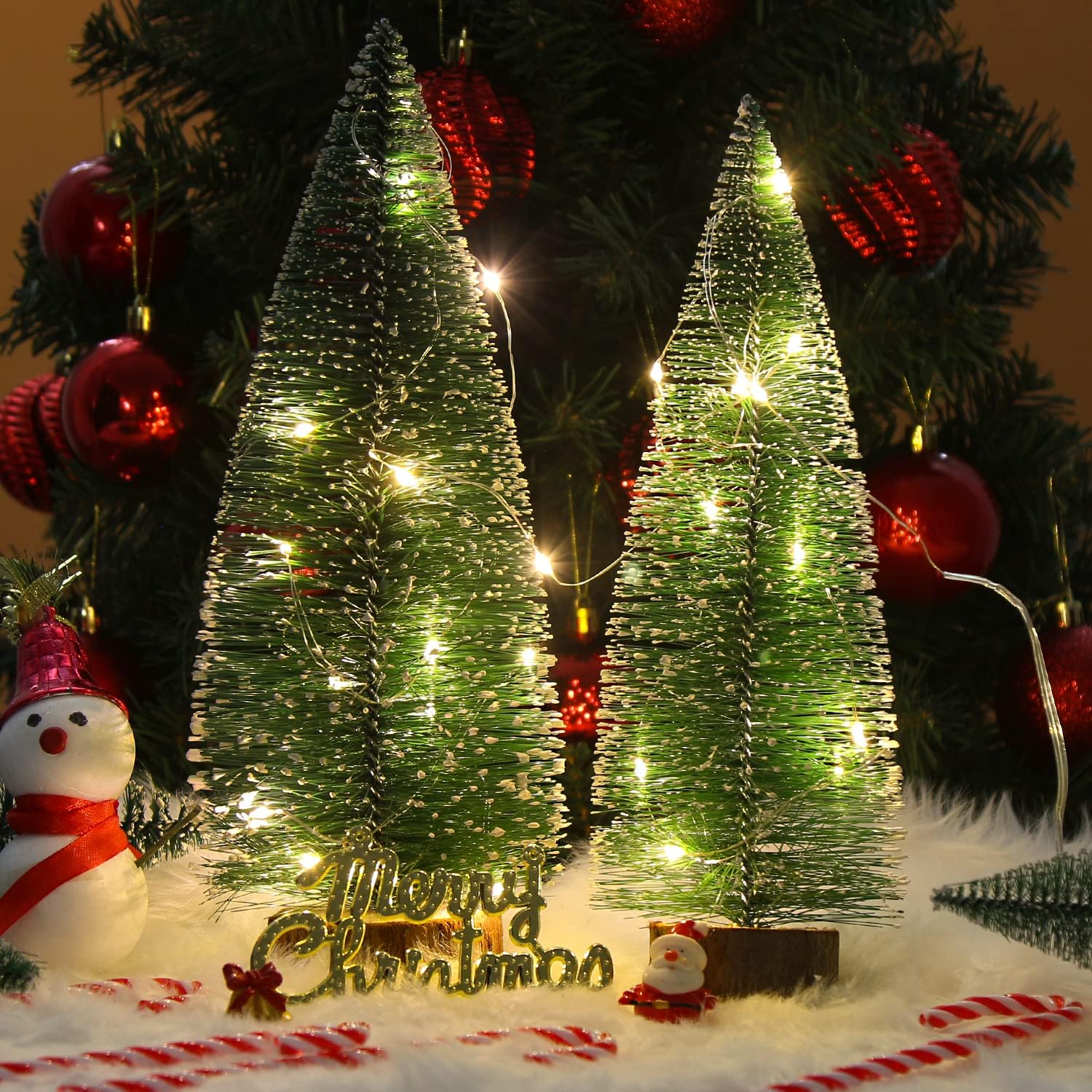 Mini Christmas Tree, 7PCS Artificial Mini Christmas Tree Decorations Small Snow Christmas Tree with Lights Mini Pine Tree for Winter DIY Crafts