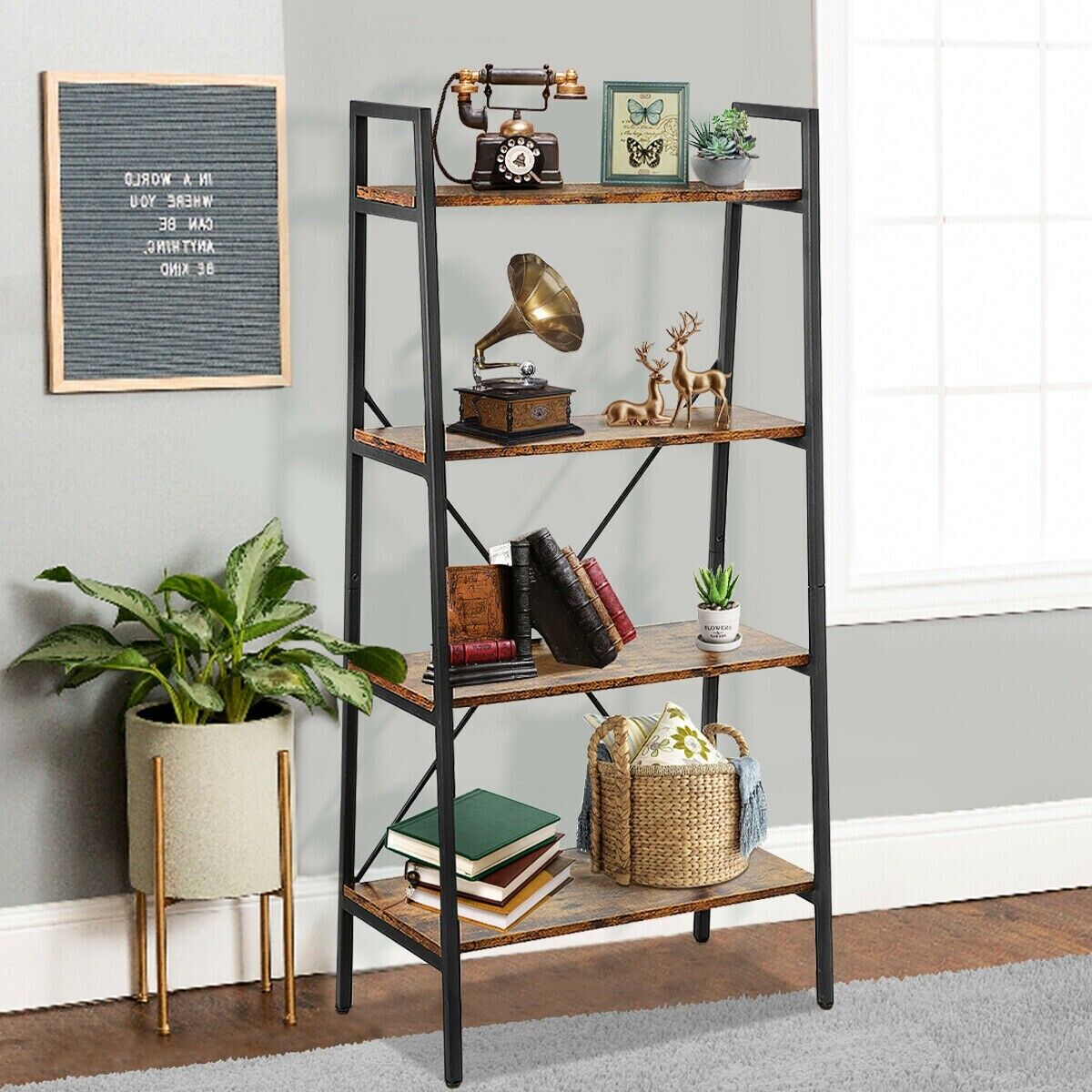 Ladder Shelf Bookshelf 4-Tier Industrial Storage Rack for Living Room