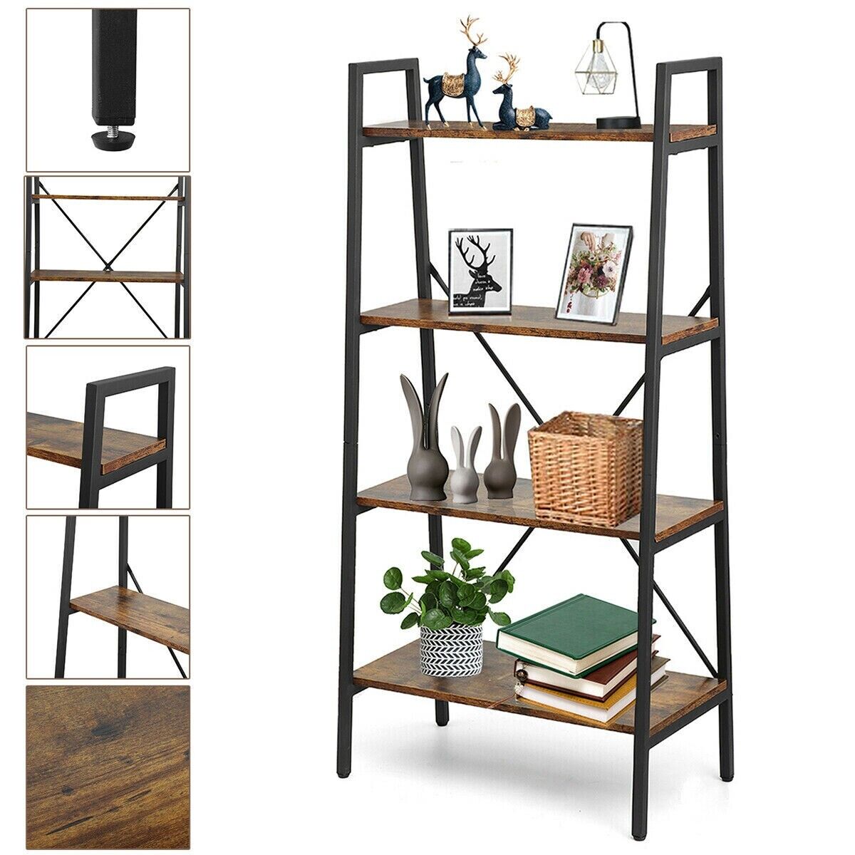 Ladder Shelf Bookshelf 4-Tier Industrial Storage Rack for Living Room