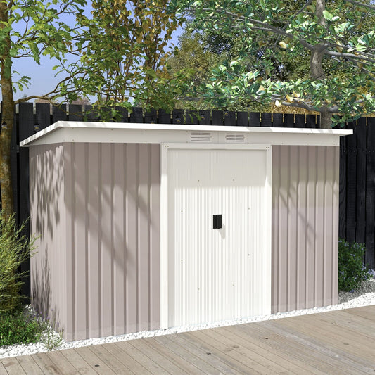 9 x 4FT Outdoor Metal Frame Garden Storage Shed w/ 2 Door, Light Grey