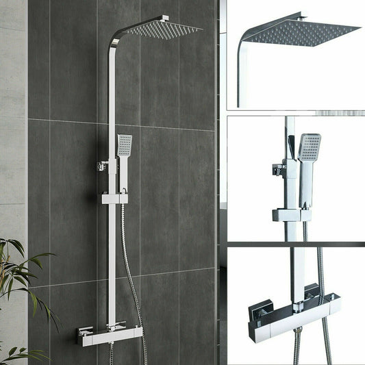 Bathroom Thermostatic Mixer Shower Set Square Chrome Twin Head Exposed Valve