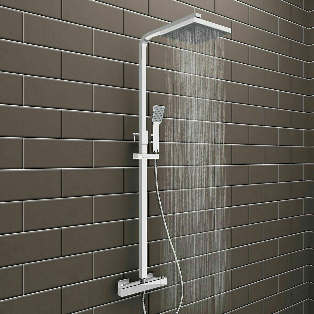 Bathroom Thermostatic Mixer Shower Set Square Chrome Twin Head Exposed Valve