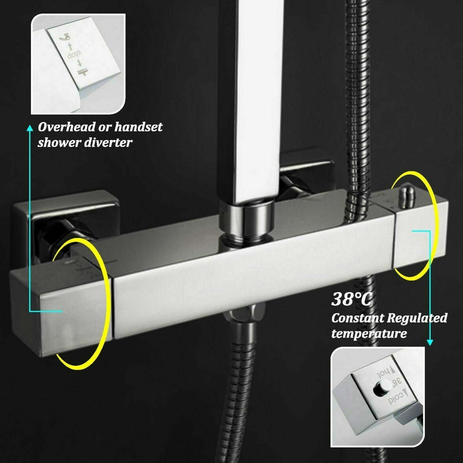 Bathroom Thermostatic Mixer Shower Set Square Chrome Twin Head Exposed Valve