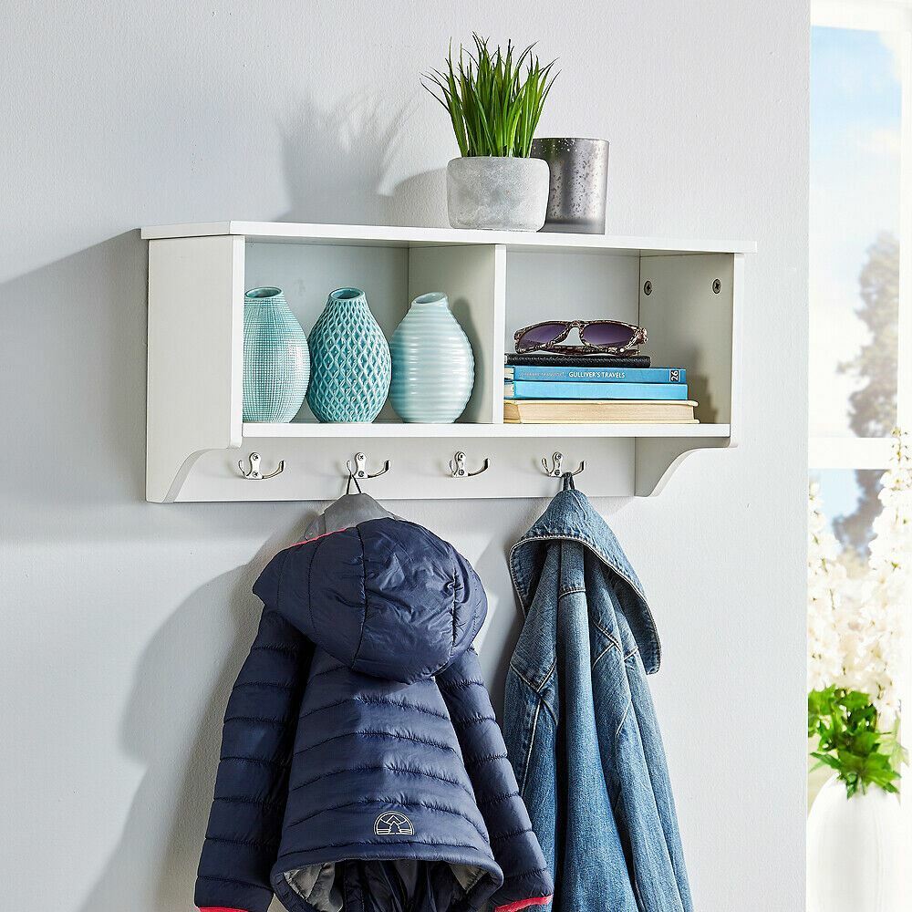 Coat Hook Wall Mounted Unit White 2 Open Shelves 4 Robe Hooks Bathroom Hallway