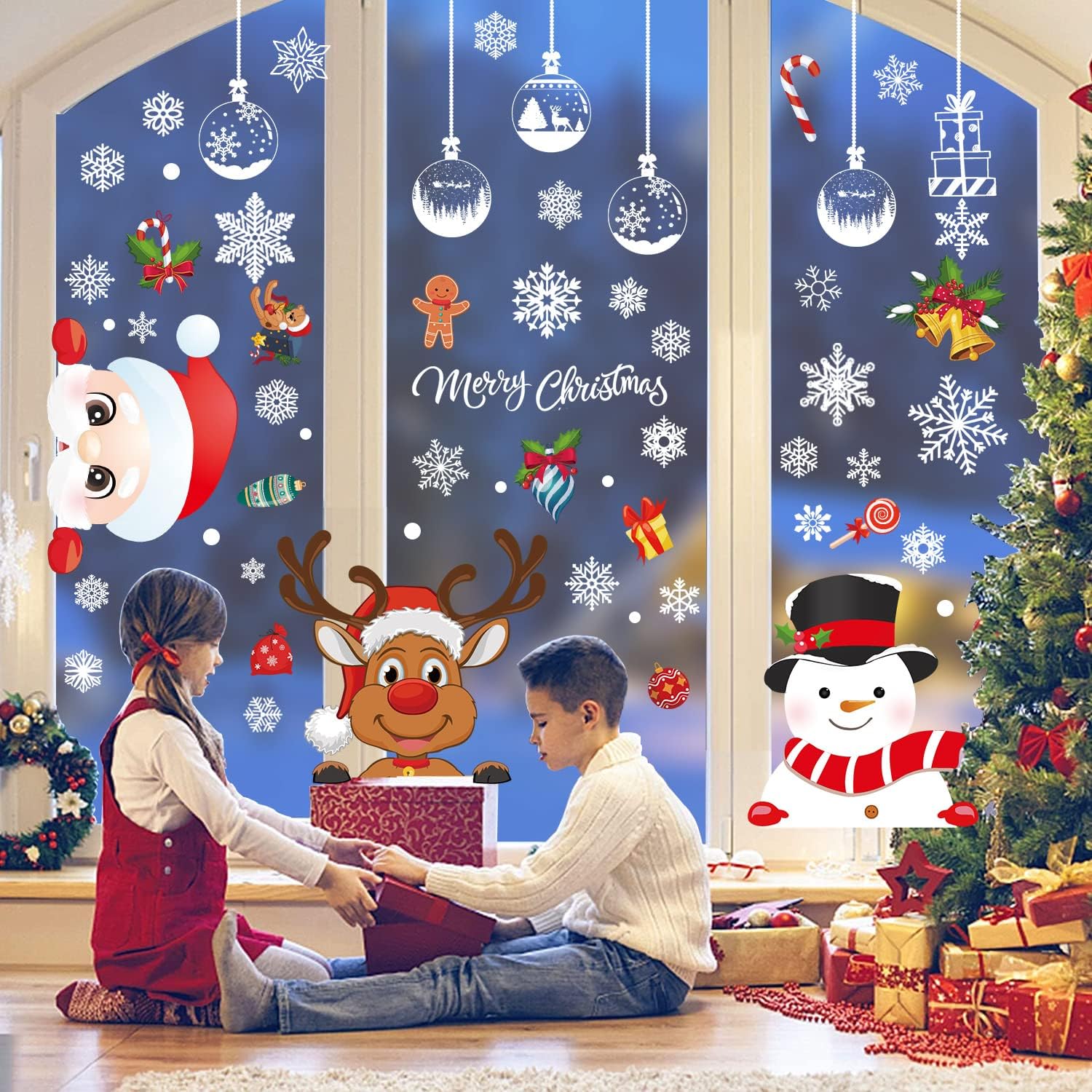 385 Pcs Christmas Window Stickers 10 Sheets Double-Sides Xmas Window Decorations/Santa Clings for Office Christmas Themed Party