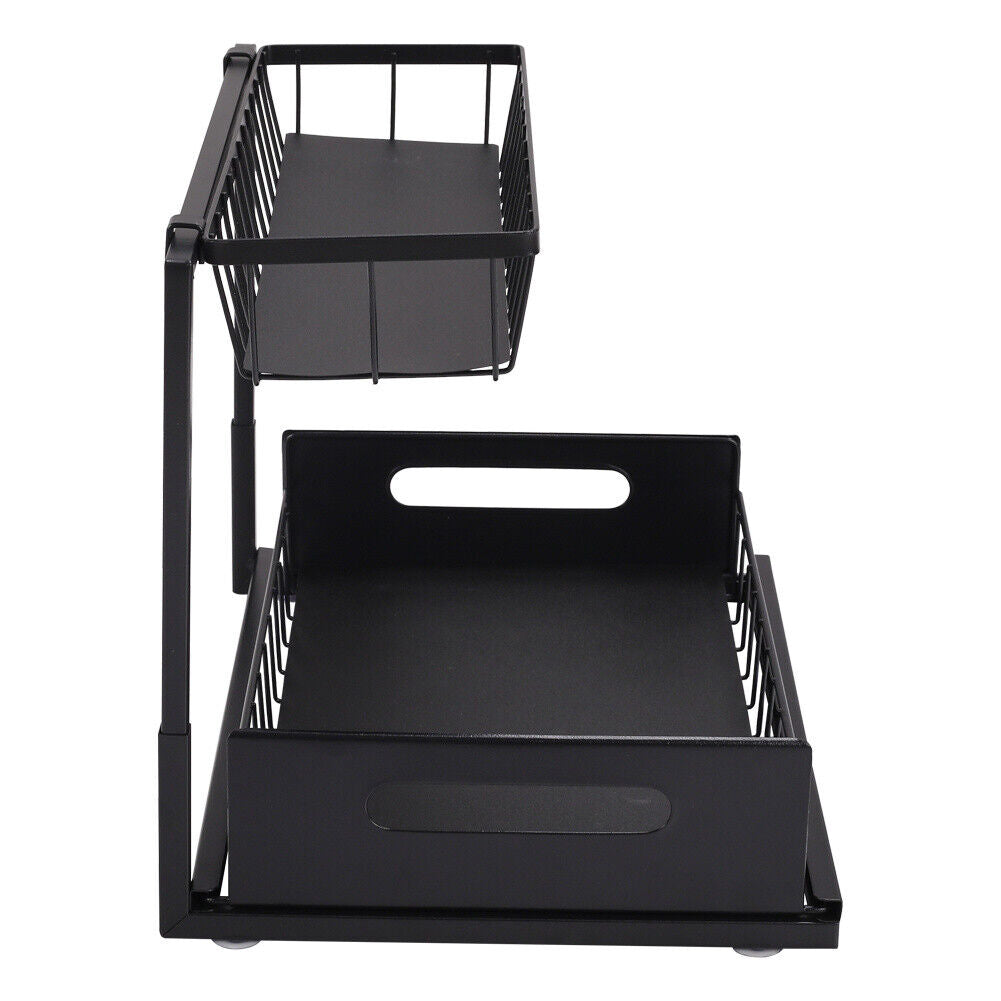 2 Tier Black Under Sink Pull-out Drawer Storage Shelf Organizer kitchen bathroom