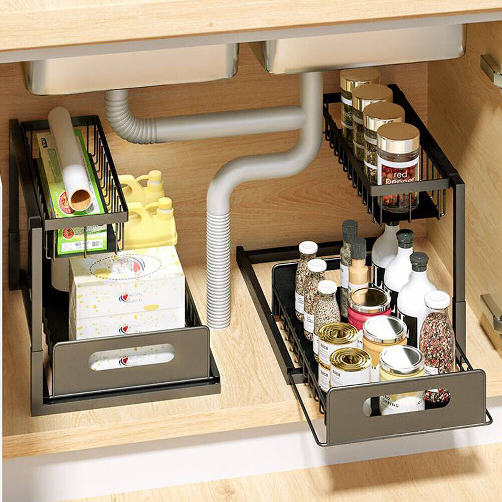 2 Tier Black Under Sink Pull-out Drawer Storage Shelf Organizer kitchen bathroom